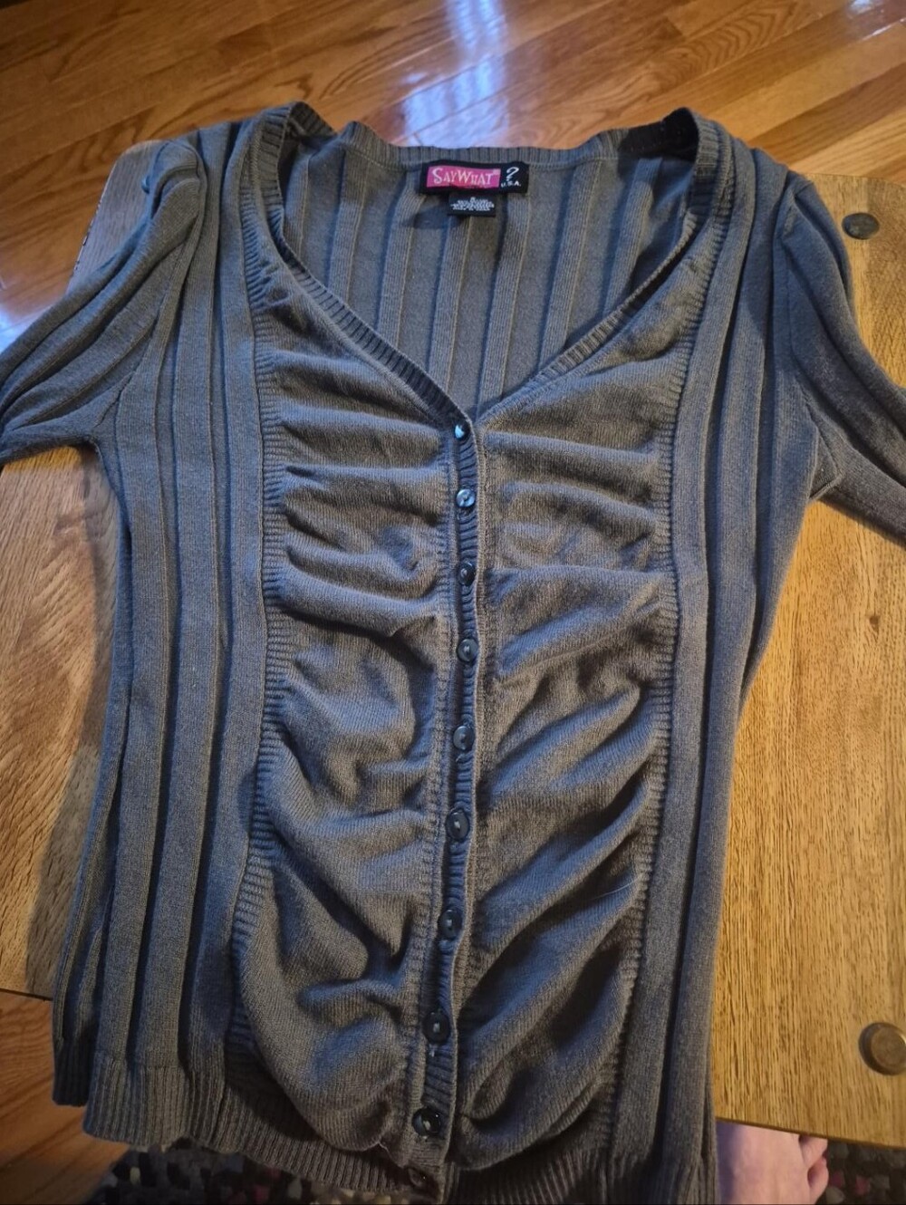 Say What? Olive Ribbed Ruched Button-Front Long Sleeve Top - Picture 7 of 7